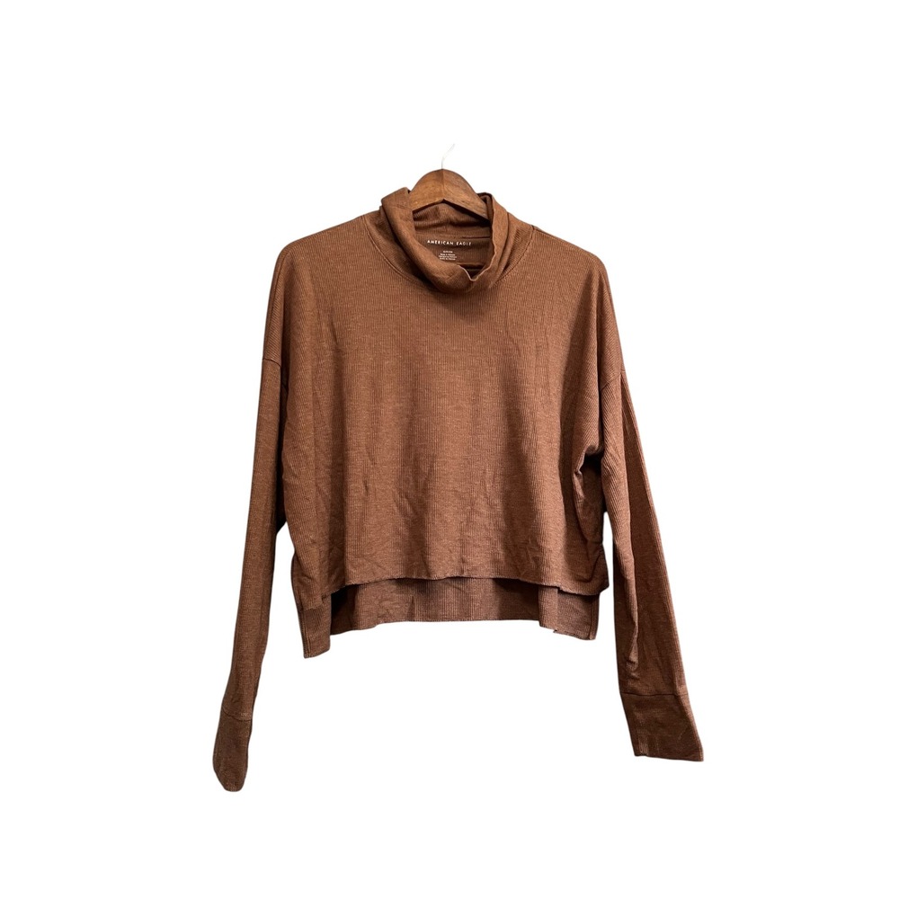 American Eagle Top Womens Small Brown Excellent Waffle Knit Cropped Turtleneck